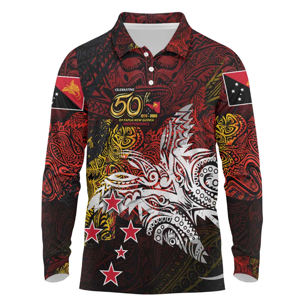 PNG 1975 - 2025 Long Sleeve Polo Shirt Papua New Guinea 50th Independence Anniversary DT02 Art - Polynesian Pride