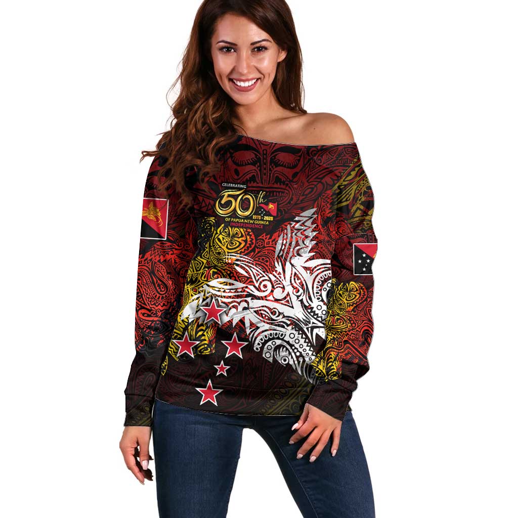 PNG 1975 - 2025 Off Shoulder Sweater Papua New Guinea 50th Independence Anniversary DT02 Women Art - Polynesian Pride
