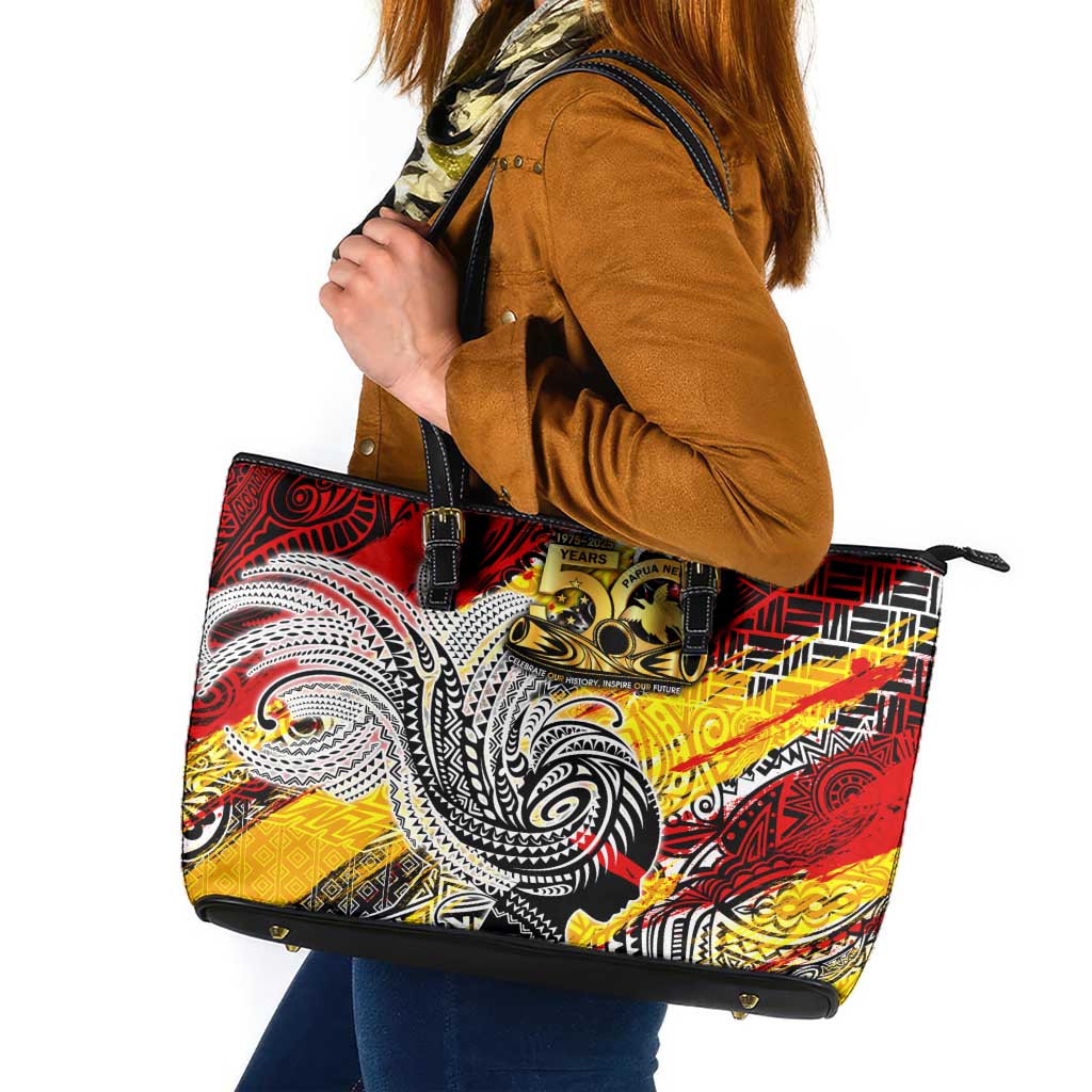 Papua New Guinea 50th Independence Day Leather Tote Bag Celebrate Our History, Inspire Our Future DT02 Art - Polynesian Pride