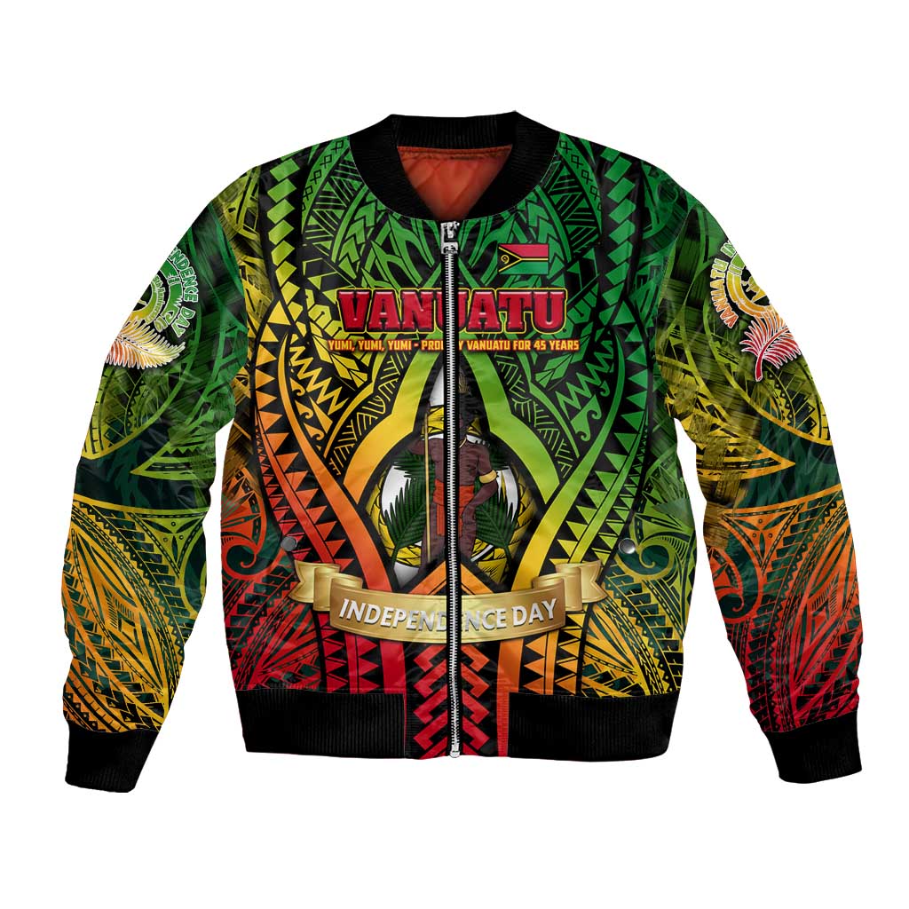 Vanuatu 45th Independence Anniversary Bomber Jacket Embracing Our Traditions Shaping Our Future DT02 Unisex Art - Polynesian Pride