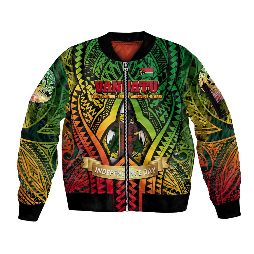 Vanuatu 45th Independence Anniversary Sleeve Zip Bomber Jacket Embracing Our Traditions Shaping Our Future DT02 Unisex Art - Polynesian Pride