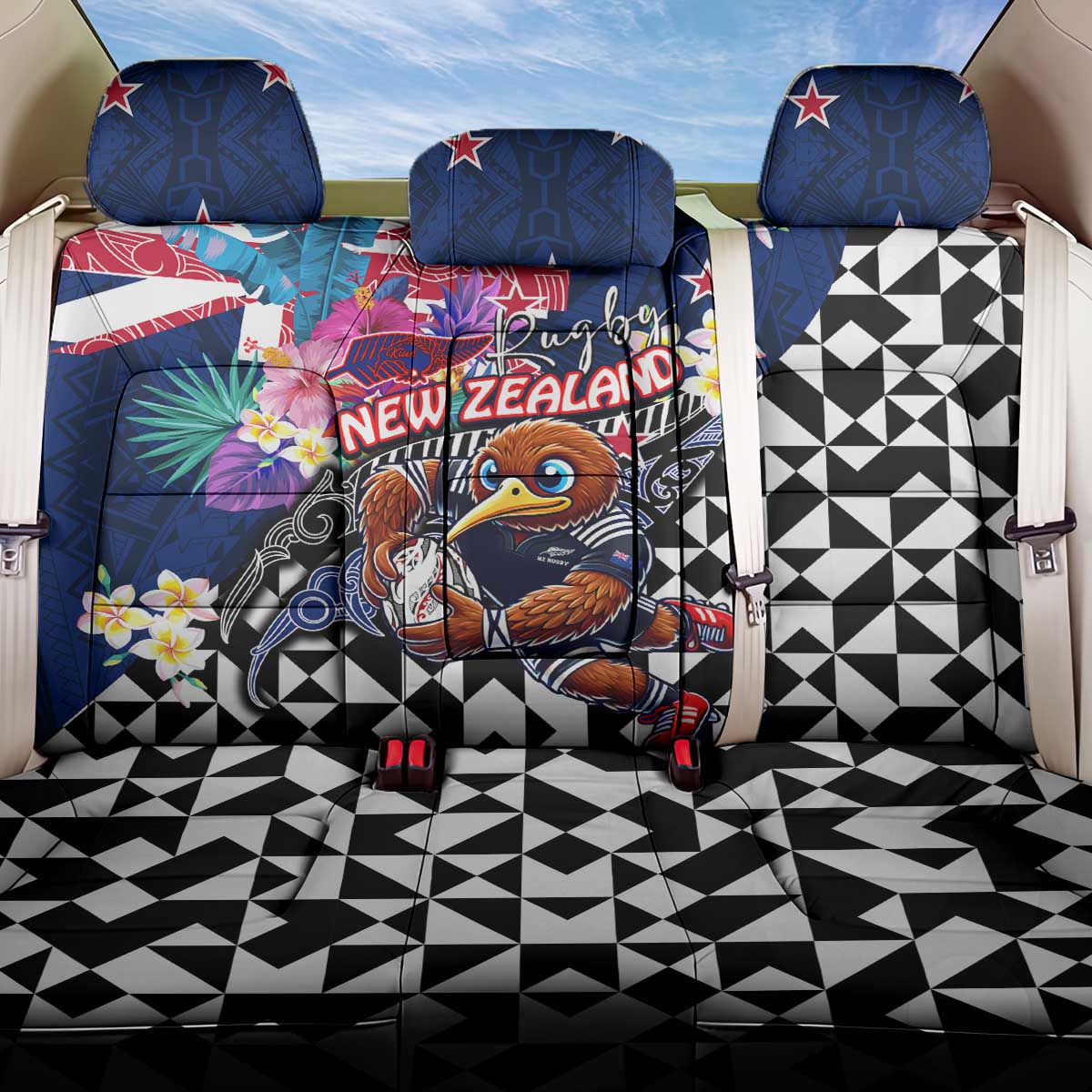 Kiwi New Zealand Rugby Back Car Seat Cover Kiwis Mascot Tropical Pattern DT02 One Size Blue - Polynesian Pride