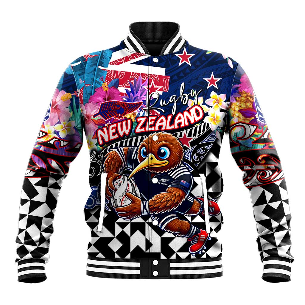 Personalized Kiwi New Zealand Rugby Baseball Jacket Kiwis Mascot Tropical Pattern DT02 Unisex Blue - Polynesian Pride
