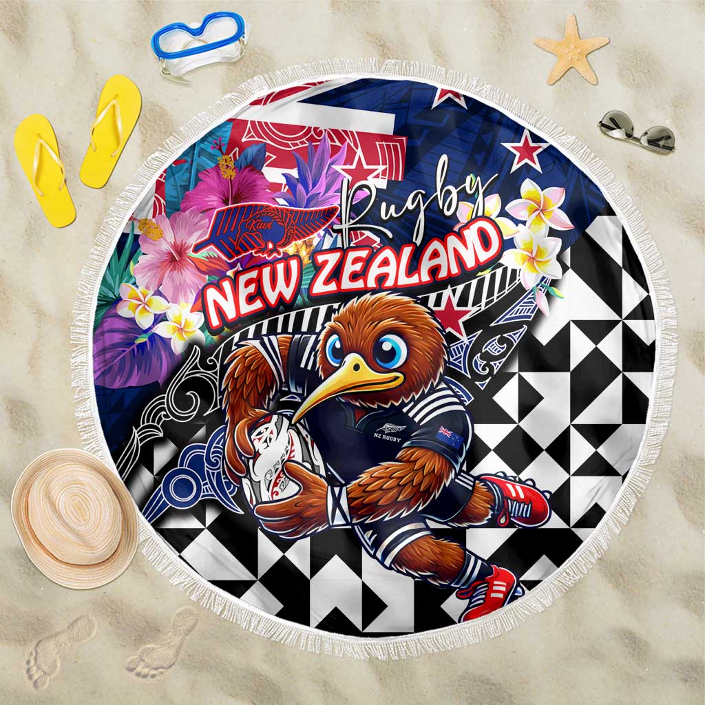 Kiwi New Zealand Rugby Beach Blanket Kiwis Mascot Tropical Pattern DT02 One Size 150cm Blue - Polynesian Pride