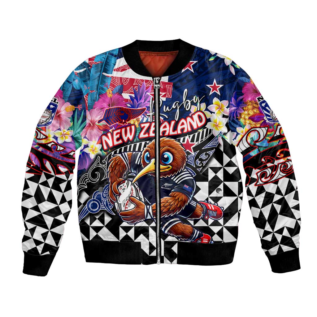 Personalized Kiwi New Zealand Rugby Bomber Jacket Kiwis Mascot Tropical Pattern DT02 Unisex Blue - Polynesian Pride