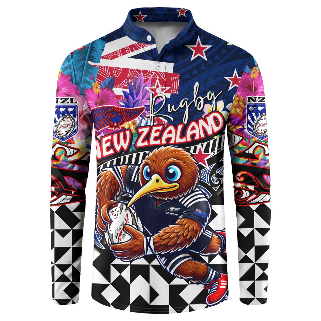 Personalized Kiwi New Zealand Rugby Button Sweatshirt Kiwis Mascot Tropical Pattern DT02 Blue - Polynesian Pride