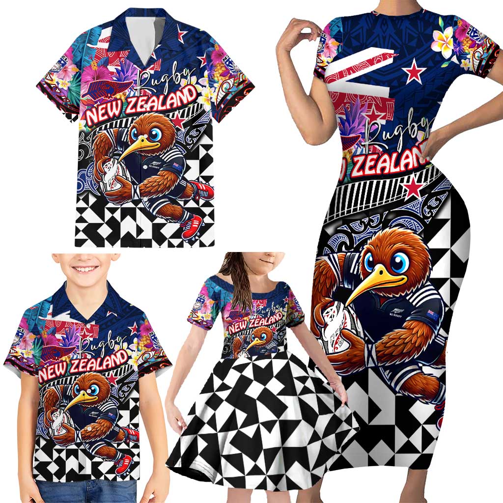 Personalized Kiwi New Zealand Rugby Family Matching Short Sleeve Bodycon Dress and Hawaiian Shirt Kiwis Mascot Tropical Pattern