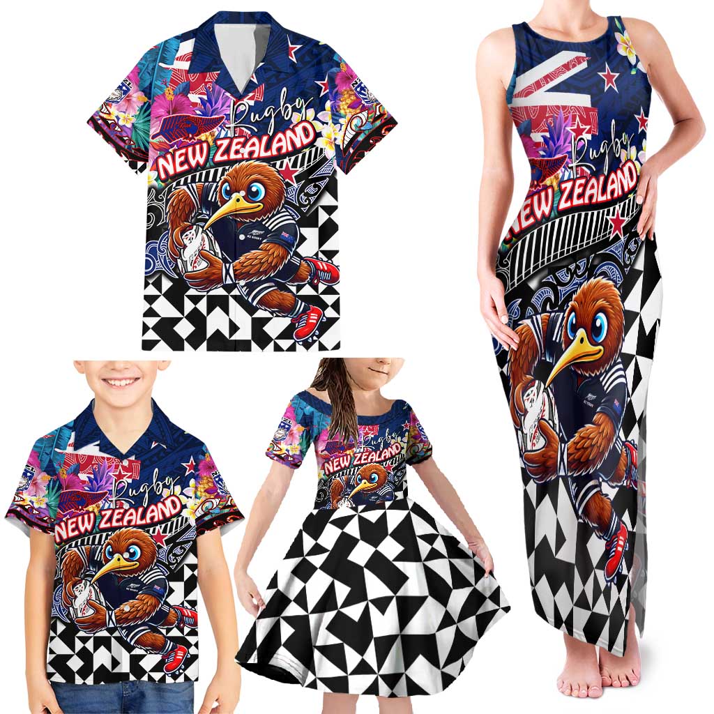 Personalized Kiwi New Zealand Rugby Family Matching Tank Maxi Dress and Hawaiian Shirt Kiwis Mascot Tropical Pattern