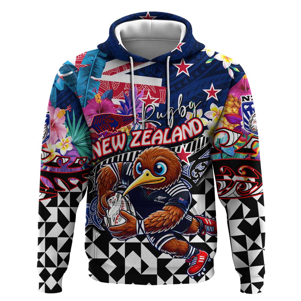 Personalized Kiwi New Zealand Rugby Hoodie Kiwis Mascot Tropical Pattern DT02 Pullover Hoodie Blue - Polynesian Pride