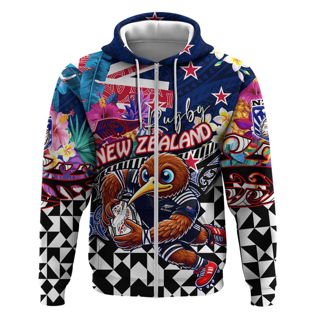 Personalized Kiwi New Zealand Rugby Hoodie Kiwis Mascot Tropical Pattern DT02 Zip Hoodie Blue - Polynesian Pride