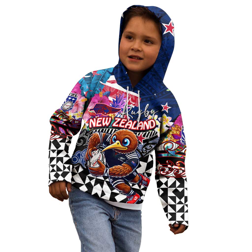 Personalized Kiwi New Zealand Rugby Kid Hoodie Kiwis Mascot Tropical Pattern DT02 - Polynesian Pride