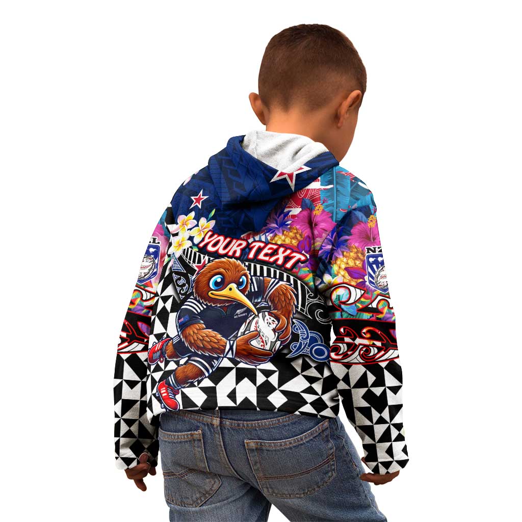 Personalized Kiwi New Zealand Rugby Kid Hoodie Kiwis Mascot Tropical Pattern DT02 - Polynesian Pride