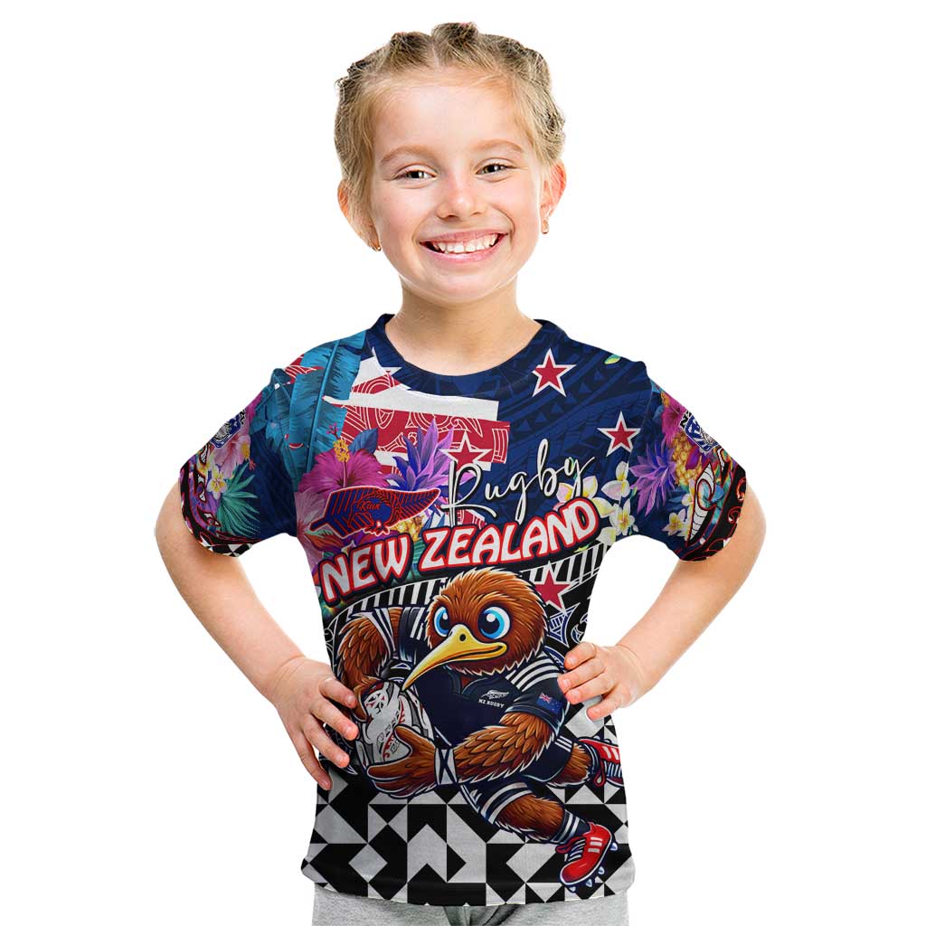Personalized Kiwi New Zealand Rugby Kid T Shirt Kiwis Mascot Tropical Pattern DT02 Blue - Polynesian Pride