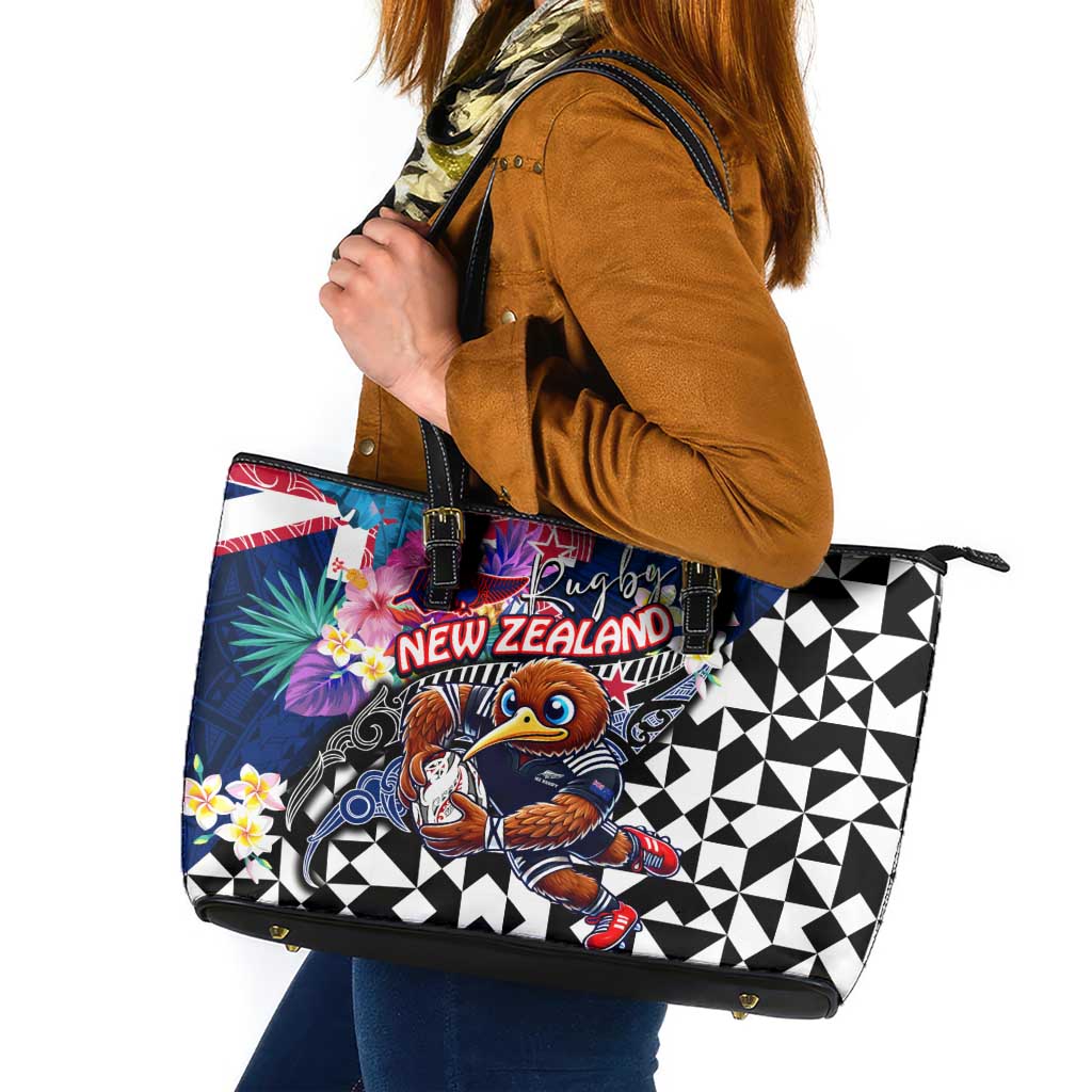 Kiwi New Zealand Rugby Leather Tote Bag Kiwis Mascot Tropical Pattern DT02 Blue - Polynesian Pride