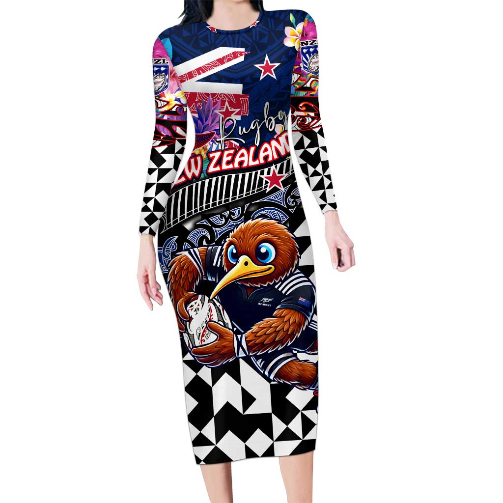 Personalized Kiwi New Zealand Rugby Long Sleeve Bodycon Dress Kiwis Mascot Tropical Pattern DT02 Long Dress Blue - Polynesian Pride
