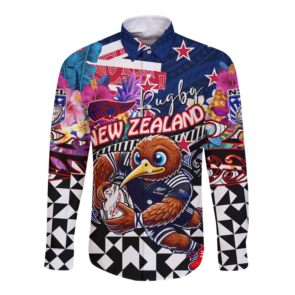 Personalized Kiwi New Zealand Rugby Long Sleeve Button Shirt Kiwis Mascot Tropical Pattern DT02 Unisex Blue - Polynesian Pride