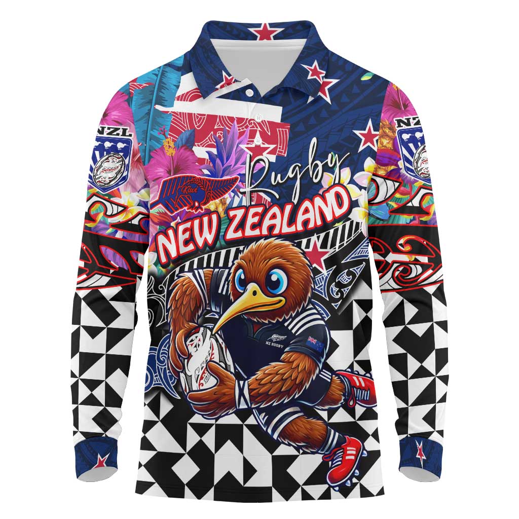 Personalized Kiwi New Zealand Rugby Long Sleeve Polo Shirt Kiwis Mascot Tropical Pattern DT02 Blue - Polynesian Pride