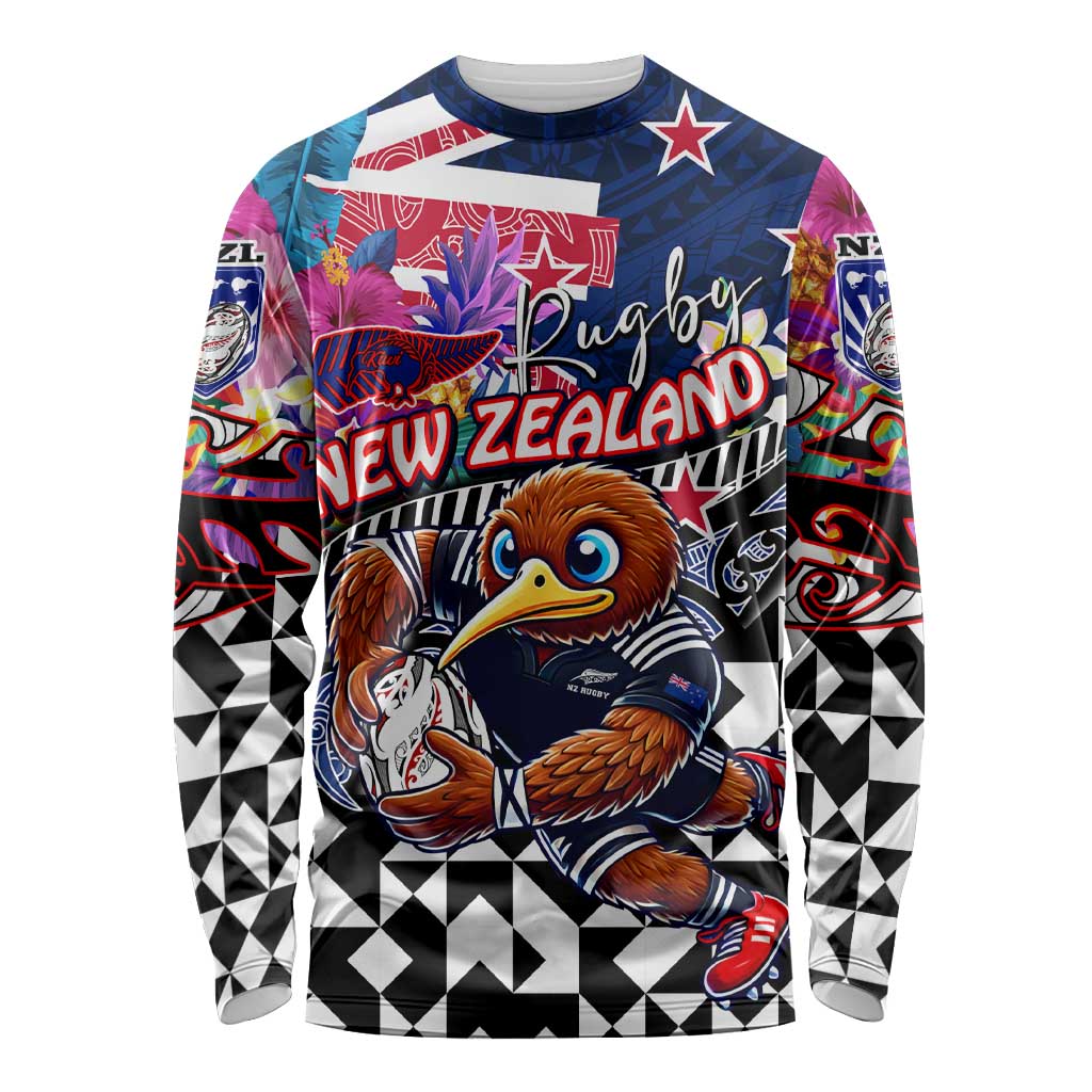 Personalized Kiwi New Zealand Rugby Long Sleeve Shirt Kiwis Mascot Tropical Pattern DT02 Unisex Blue - Polynesian Pride
