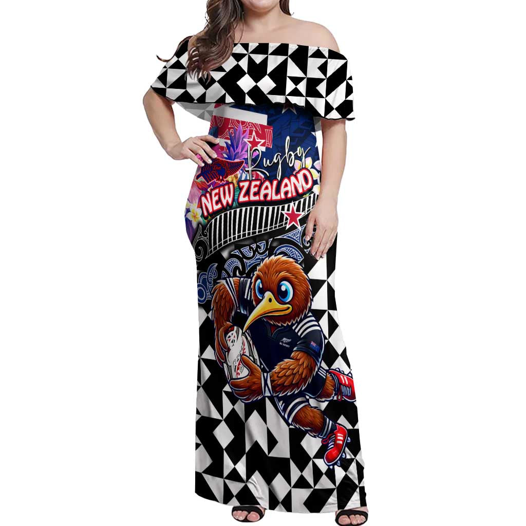 Personalized Kiwi New Zealand Rugby Off Shoulder Maxi Dress Kiwis Mascot Tropical Pattern DT02 Women Blue - Polynesian Pride