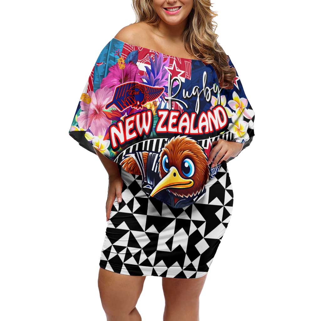 Personalized Kiwi New Zealand Rugby Off Shoulder Short Dress Kiwis Mascot Tropical Pattern DT02 Women Blue - Polynesian Pride