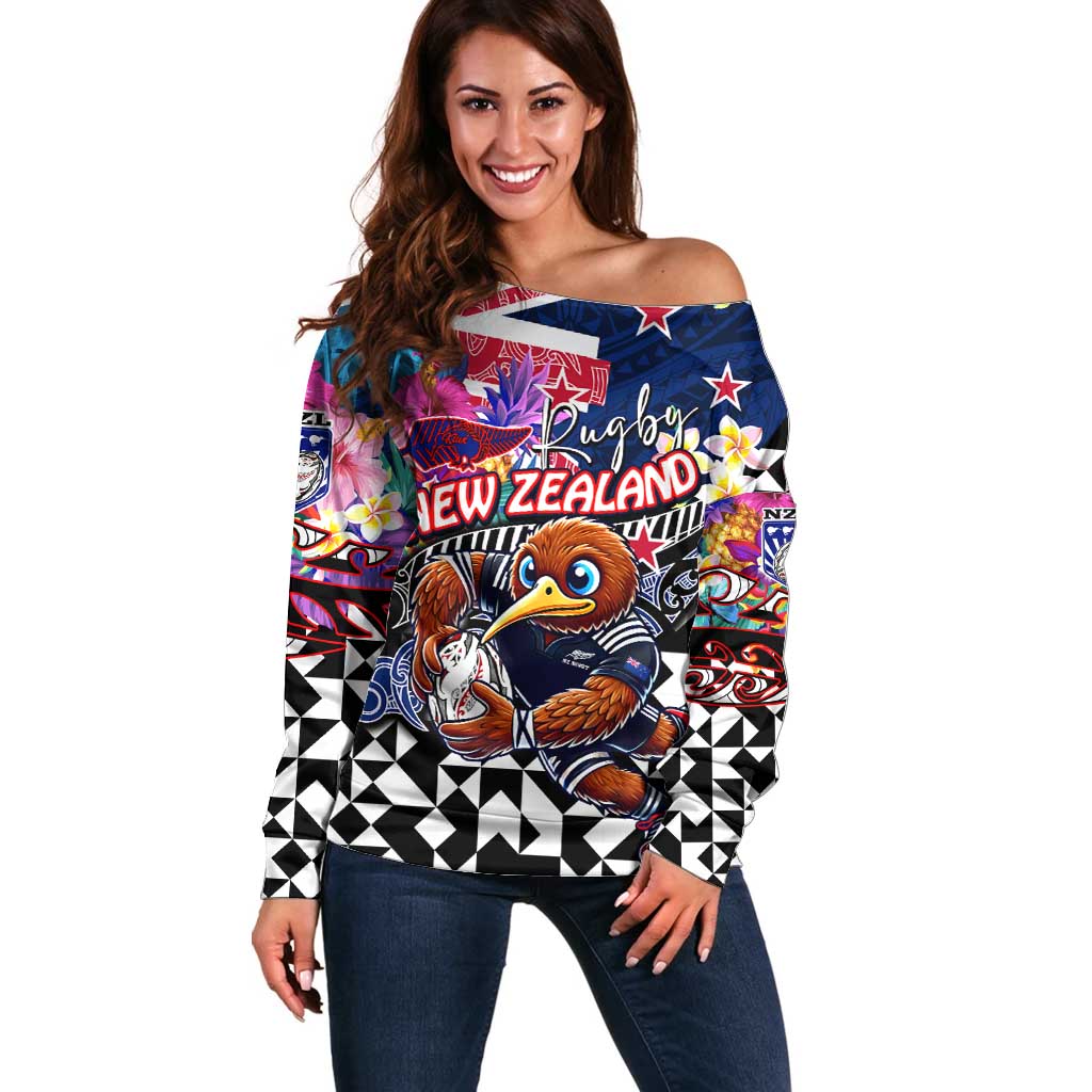 Personalized Kiwi New Zealand Rugby Off Shoulder Sweater Kiwis Mascot Tropical Pattern DT02 Women Blue - Polynesian Pride