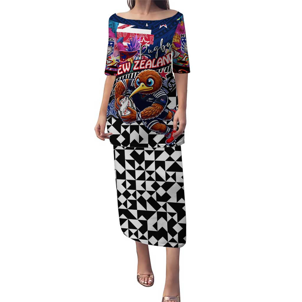 Personalized Kiwi New Zealand Rugby Puletasi Kiwis Mascot Tropical Pattern DT02 Long Dress Blue - Polynesian Pride