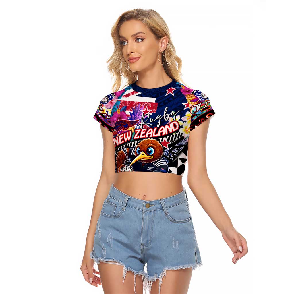 Personalized Kiwi New Zealand Rugby Raglan Cropped T Shirt Kiwis Mascot Tropical Pattern DT02 Female Blue - Polynesian Pride