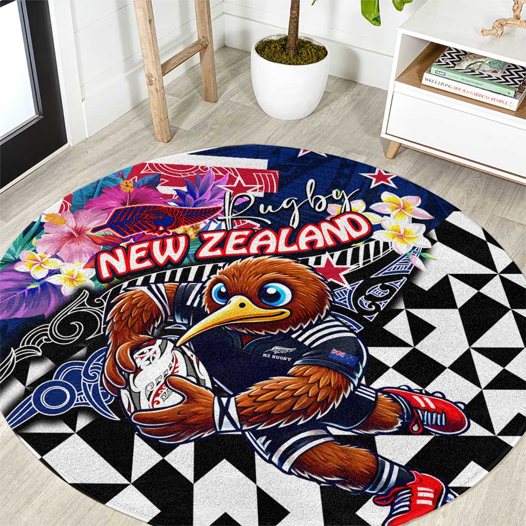 Kiwi New Zealand Rugby Round Carpet Kiwis Mascot Tropical Pattern DT02 Blue - Polynesian Pride