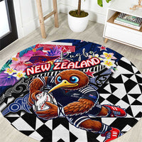 Kiwi New Zealand Rugby Round Carpet Kiwis Mascot Tropical Pattern DT02 Blue - Polynesian Pride