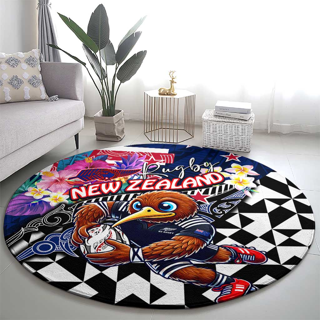 Kiwi New Zealand Rugby Round Carpet Kiwis Mascot Tropical Pattern DT02 - Polynesian Pride