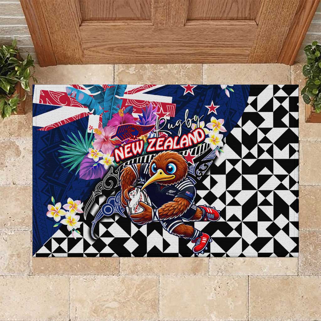 Kiwi New Zealand Rugby Rubber Doormat Kiwis Mascot Tropical Pattern DT02 Blue - Polynesian Pride