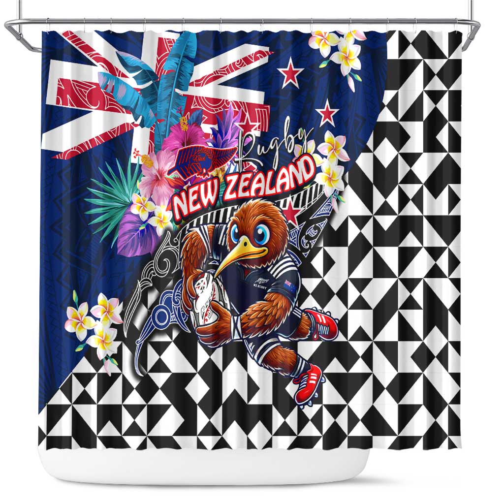 Kiwi New Zealand Rugby Shower Curtain Kiwis Mascot Tropical Pattern DT02 Blue - Polynesian Pride