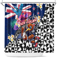 Kiwi New Zealand Rugby Shower Curtain Kiwis Mascot Tropical Pattern DT02 Blue - Polynesian Pride
