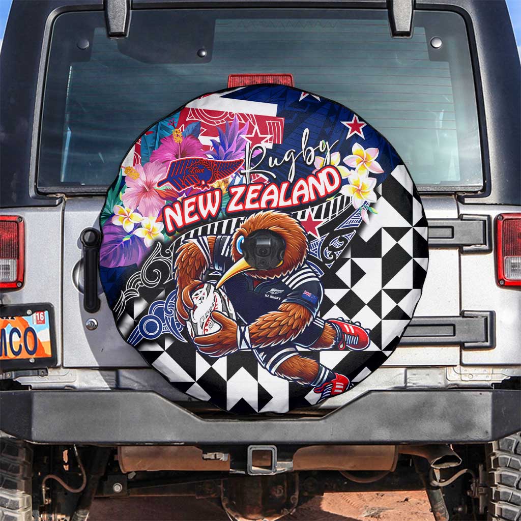 Kiwi New Zealand Rugby Spare Tire Cover Kiwis Mascot Tropical Pattern DT02 Blue - Polynesian Pride