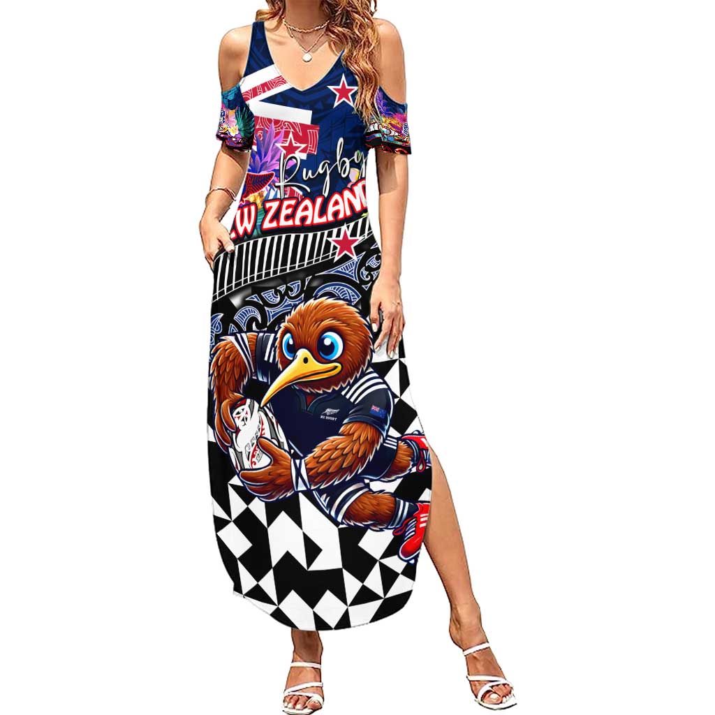 Personalized Kiwi New Zealand Rugby Summer Maxi Dress Kiwis Mascot Tropical Pattern DT02 Women Blue - Polynesian Pride