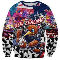 Personalized Kiwi New Zealand Rugby Sweatshirt Kiwis Mascot Tropical Pattern DT02 Unisex Blue - Polynesian Pride
