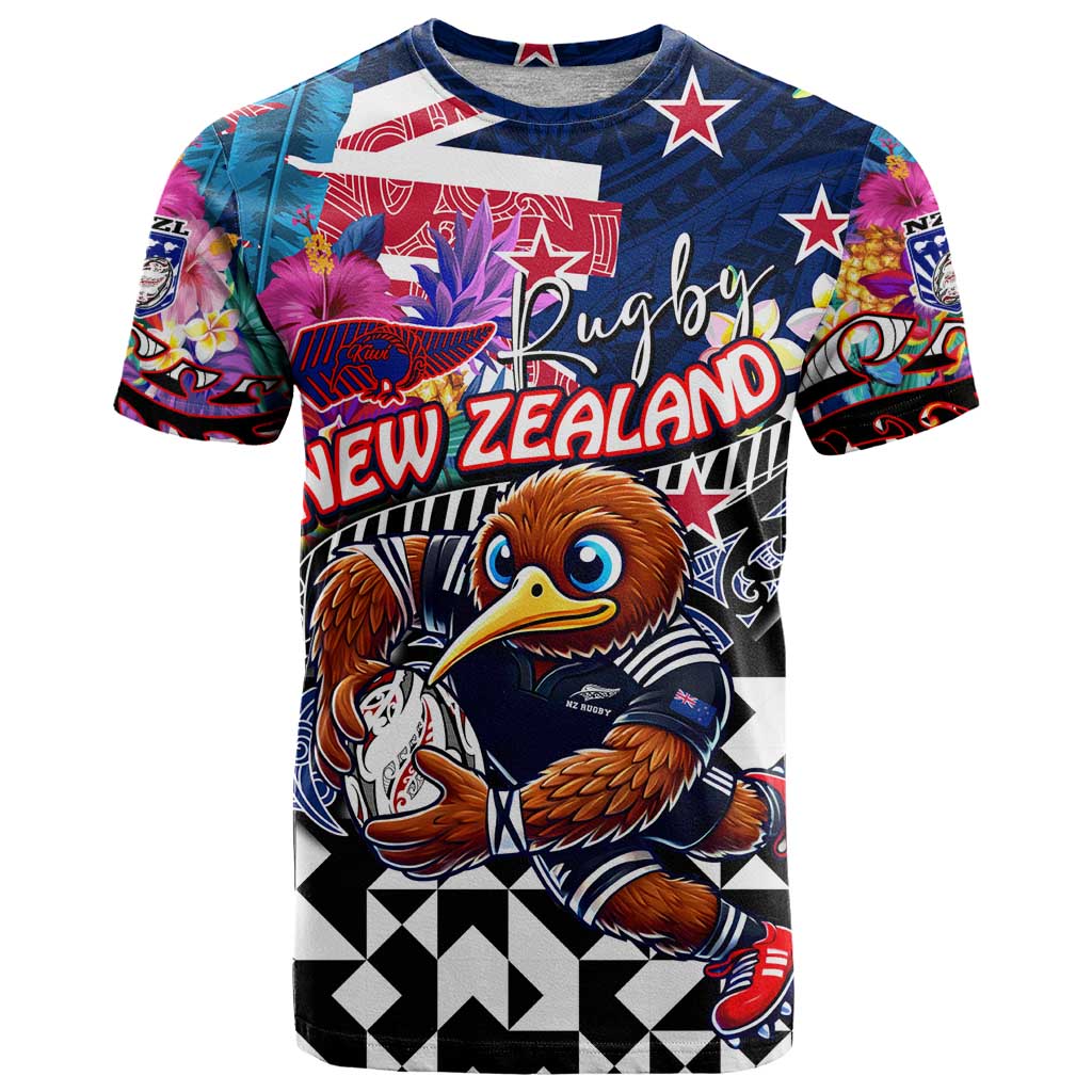 Personalized Kiwi New Zealand Rugby T Shirt Kiwis Mascot Tropical Pattern DT02 Blue - Polynesian Pride