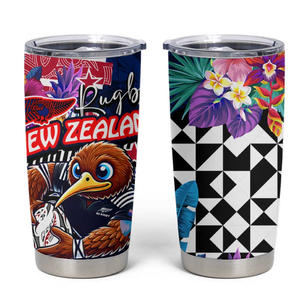 Kiwi New Zealand Rugby Tumbler Cup Kiwis Mascot Tropical Pattern DT02 Blue - Polynesian Pride
