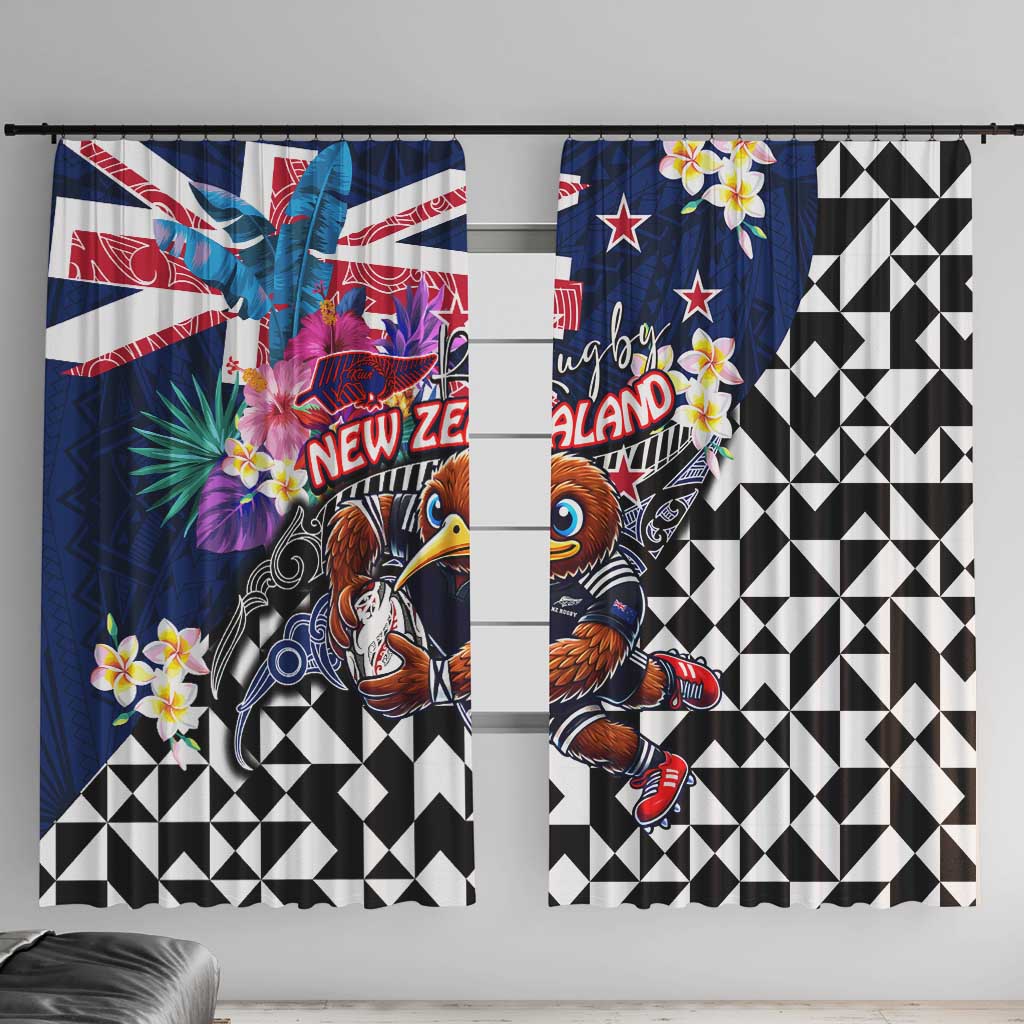 Kiwi New Zealand Rugby Window Curtain Kiwis Mascot Tropical Pattern DT02 With Hooks Blue - Polynesian Pride