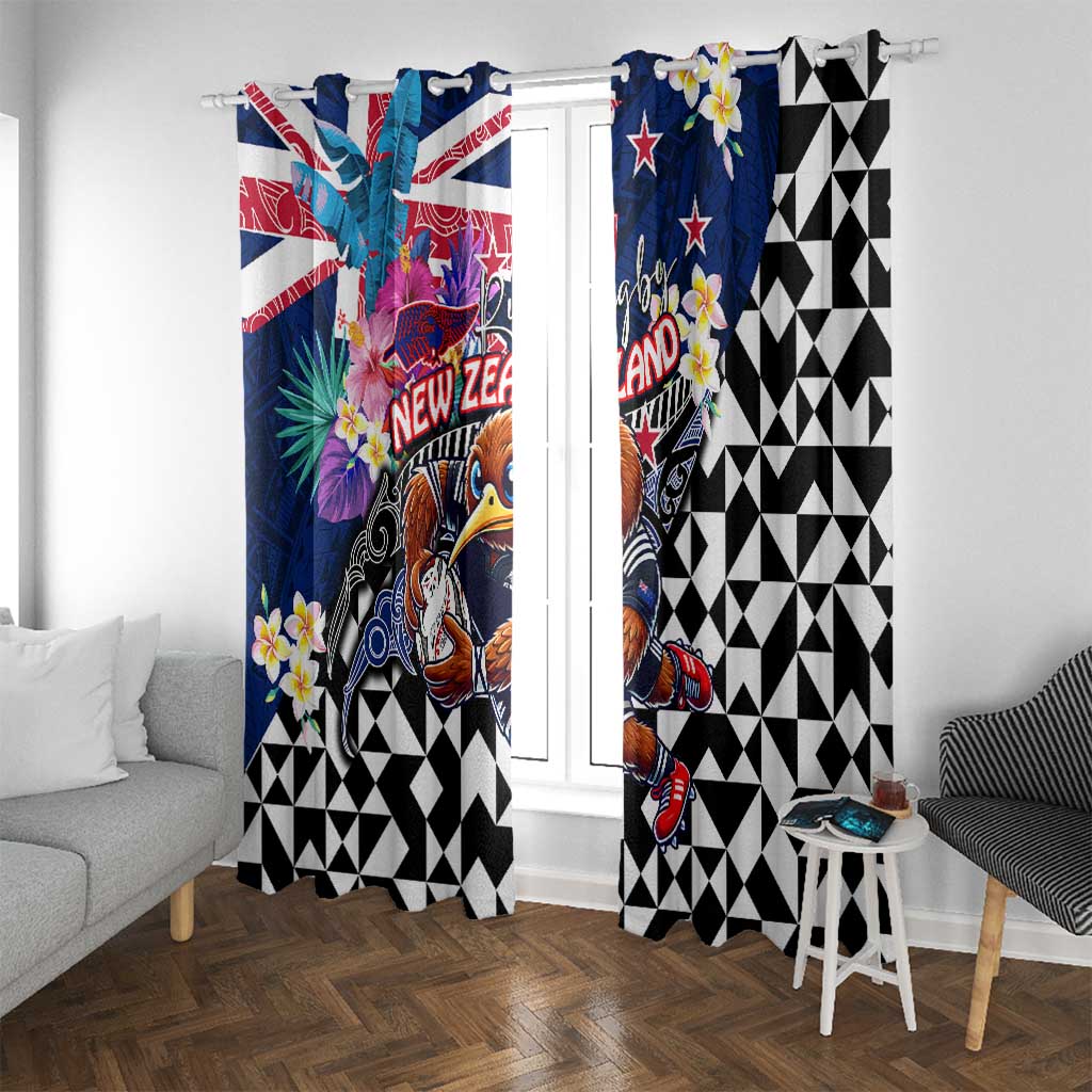 Kiwi New Zealand Rugby Window Curtain Kiwis Mascot Tropical Pattern DT02 With Grommets Blue - Polynesian Pride