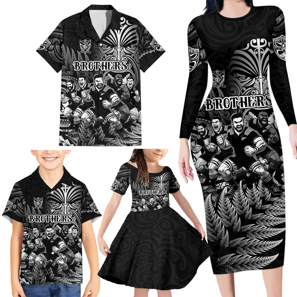 Personalized All Black Brothers Rugby Family Matching Long Sleeve Bodycon Dress and Hawaiian Shirt New Zealand Maori Haka