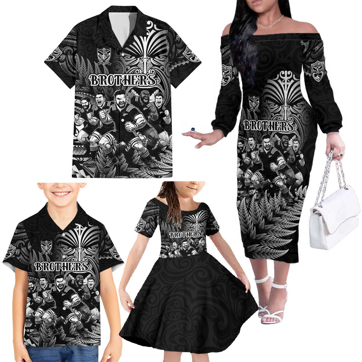 Personalized All Black Brothers Rugby Family Matching Off The Shoulder Long Sleeve Dress and Hawaiian Shirt New Zealand Maori Haka