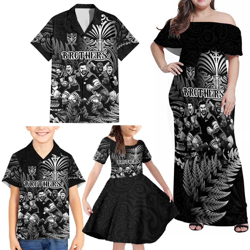 Personalized All Black Brothers Rugby Family Matching Off Shoulder Maxi Dress and Hawaiian Shirt New Zealand Maori Haka