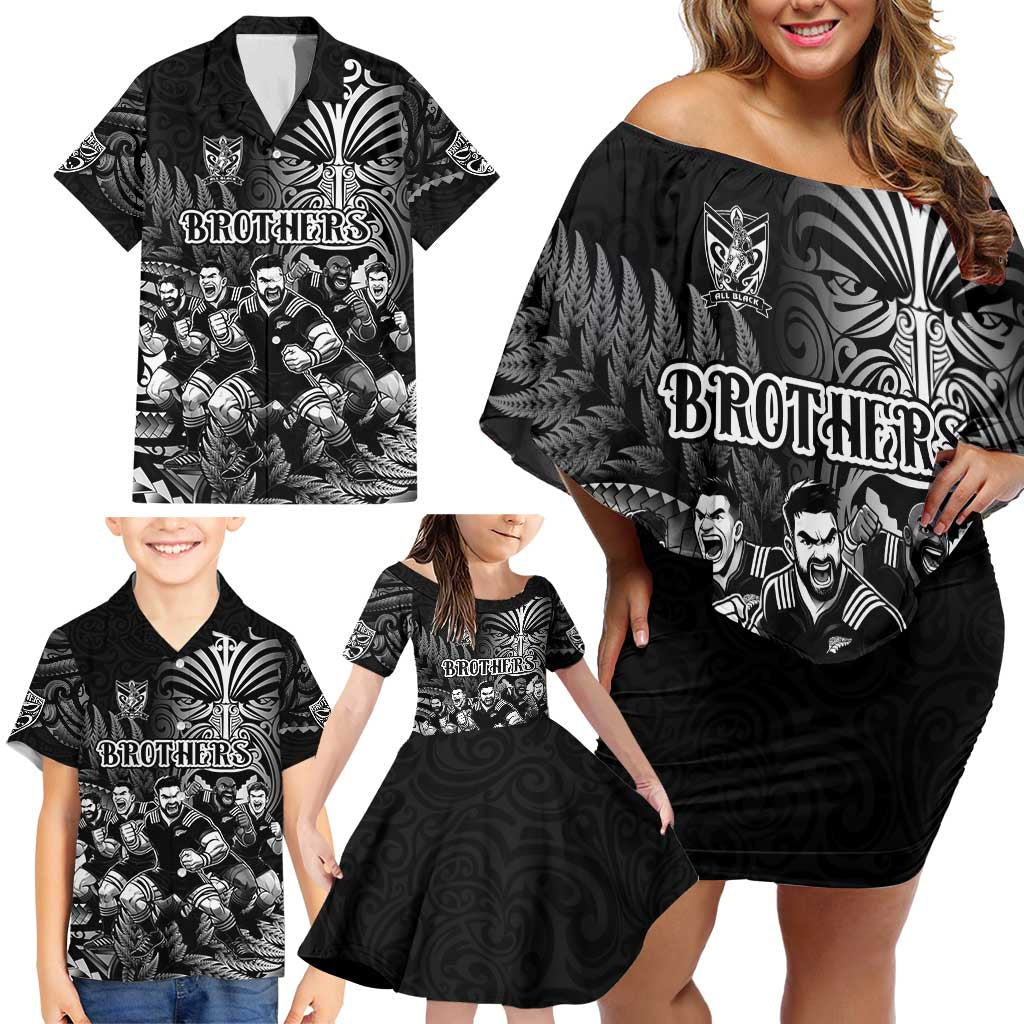 Personalized All Black Brothers Rugby Family Matching Off Shoulder Short Dress and Hawaiian Shirt New Zealand Maori Haka