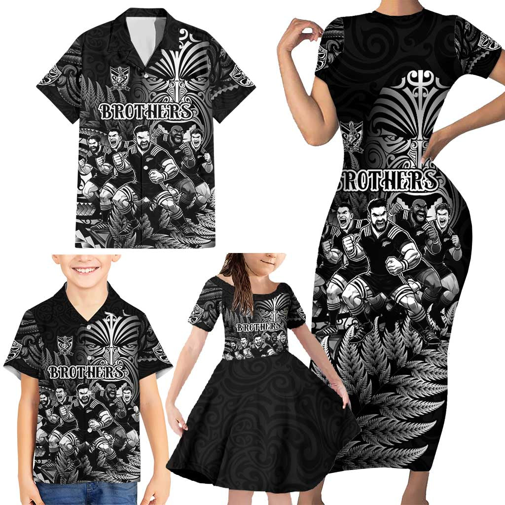 Personalized All Black Brothers Rugby Family Matching Short Sleeve Bodycon Dress and Hawaiian Shirt New Zealand Maori Haka