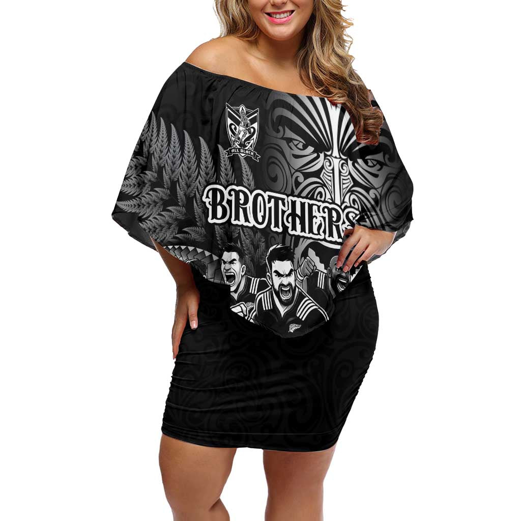 Personalized All Black Brothers Rugby Off Shoulder Short Dress New Zealand Maori Haka DT02 Women Black - Polynesian Pride