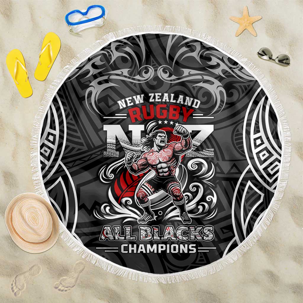 All Black NZL Rugby Champions Beach Blanket Maori Warrior DT02 One Size 150cm Black - Polynesian Pride