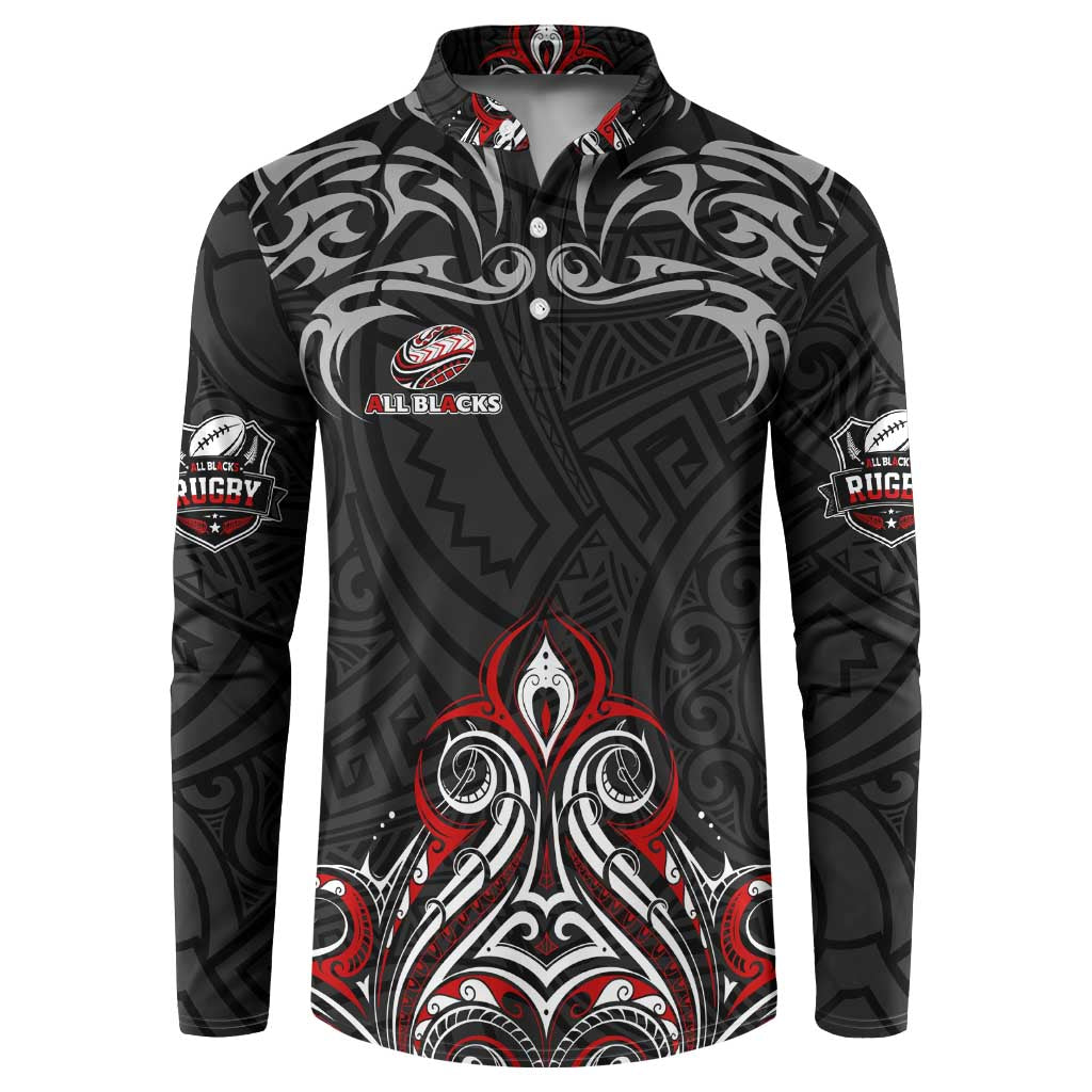 All Black NZL Rugby Champions Button Sweatshirt Maori Warrior DT02 Black - Polynesian Pride
