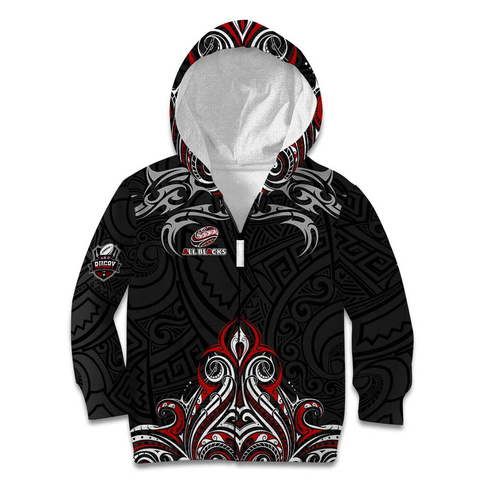 All Black NZL Rugby Champions Kid Hoodie Maori Warrior DT02 Zip Hoodie Black - Polynesian Pride