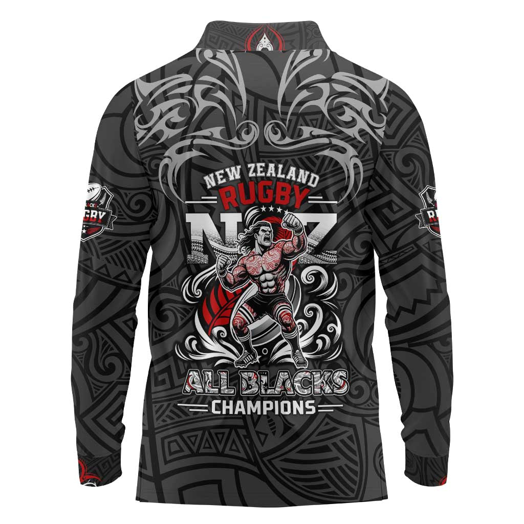 All Black NZL Rugby Champions Long Sleeve Polo Shirt Maori Warrior DT02 - Polynesian Pride